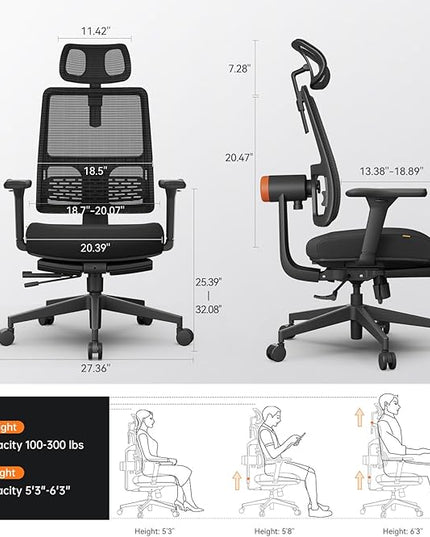 Newtral Ergonomic Chair with Footrest - Home Office Desk Chair with Auto-Following Lumbar Support, 4D Armrest, Seat Depth & Height Adjustable, 96°-136° Reclines - LeafyLoom