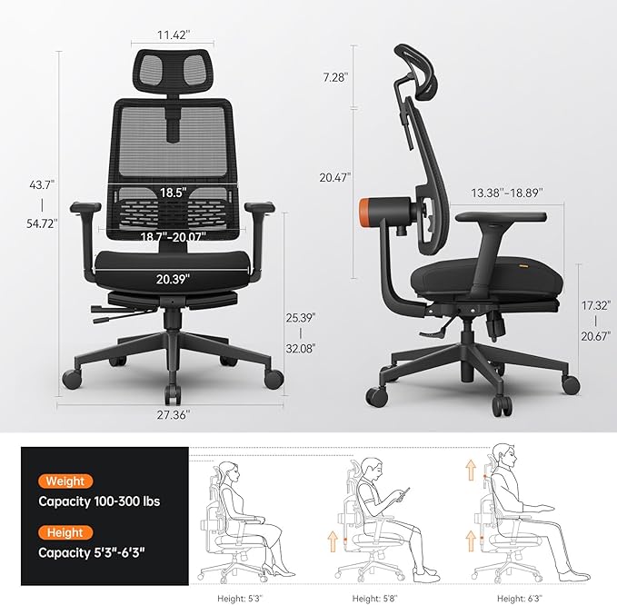 Newtral Ergonomic Chair with Footrest - Home Office Desk Chair with Auto-Following Lumbar Support, 4D Armrest, Seat Depth & Height Adjustable, 96°-136° Reclines - LeafyLoom