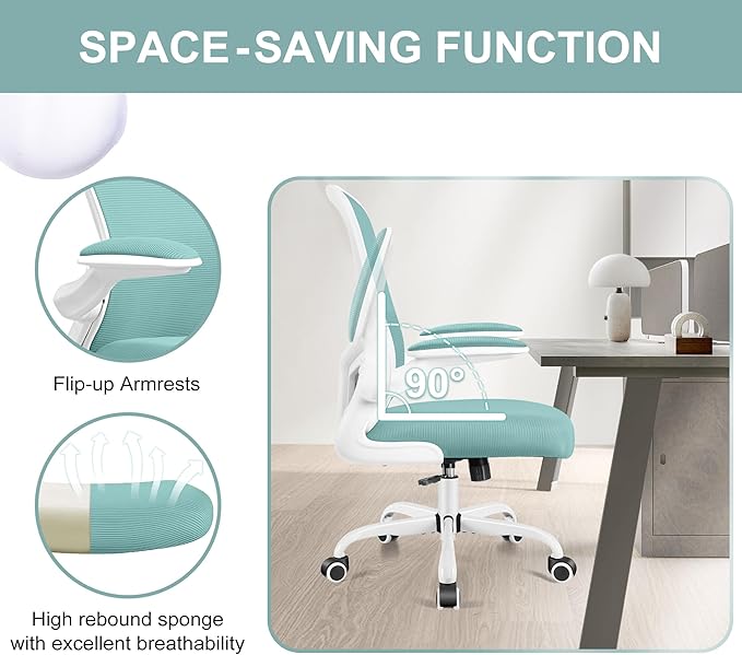 Ergonomic Office Chair, Lumbar Support Desk Chair with Flip-up Armrest and Breathable Mesh, Height Adjustable Swivel Office Chair LightBlue - LeafyLoom