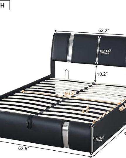 Modern Queen Size Upholstered Faux Leather Platform Bed with a Hydraulic Storage System, Metal Strips Headboard and Footboard, No Box Spring Needed, Sturdy Slat Support, Easy to Assemble - LeafyLoom