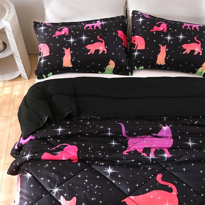 ENCOFT Cat Full Bedding Comforter Set Full for Girls and Boys Premium 3 Piece Cats Bedding Set Black Comfortable and Breathable for Teens and Adults with 1 Comforter and 2 Pillowcases - LeafyLoom