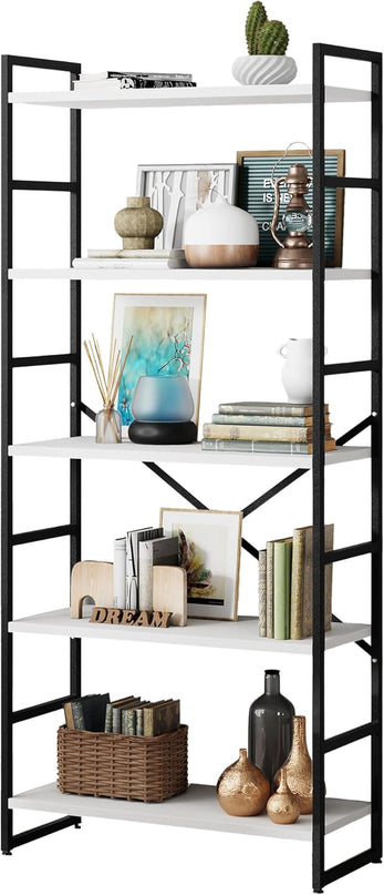 Shintenchi 5 Tiers Bookshelf, Classically Tall Bookcase Shelf, Industrial Book Rack, Modern Book Holder in Bedroom/Living Room/Home/Office, Storage Rack Shelves for Books/Movies,White - LeafyLoom