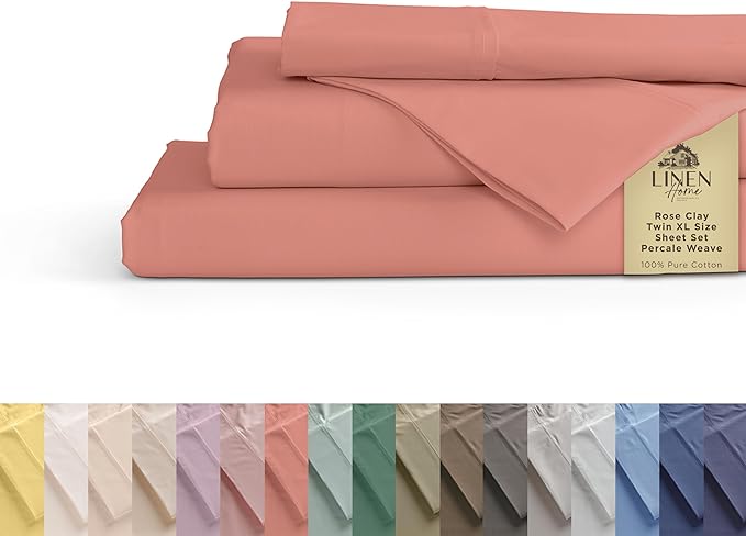 100% Cotton Percale Sheets Twin XL Size, Rose Clay, Deep Pocket, 4 Pieces Sheet Set - 1 Flat, 1 Deep Pocket Fitted Sheet and 2 Pillowcases, Crisp Cool and Strong Bed Linen - LeafyLoom