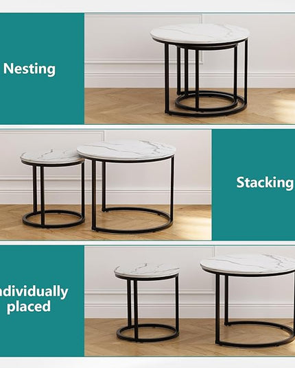 White Nesting Coffee Table Set of 2, 23.6" Round Coffee Table Wood Grain Top with Adjustable Non-Slip Feet, Industrial End Table Side Tables for Living Room Bedroom Balcony Yard - LeafyLoom