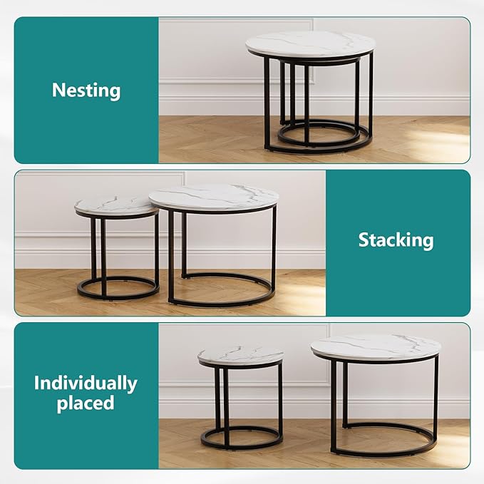 White Nesting Coffee Table Set of 2, 23.6" Round Coffee Table Wood Grain Top with Adjustable Non-Slip Feet, Industrial End Table Side Tables for Living Room Bedroom Balcony Yard - LeafyLoom
