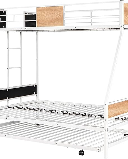 Twin over Full Bunk Bed with Trundle,Heavy-duty Sturdy Metal,Noise Reduced,Safety Guardrail,Wooden Decoration,Convenient-Trundle,Bunk-Bed for Three,CPC Certified,No Box Spring Needed,White - LeafyLoom