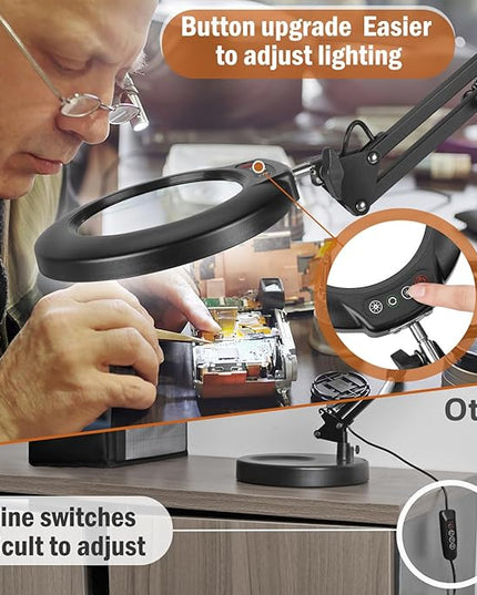 Veemagni 10X Magnifying Glass with Light, 5 Color Modes Stepless Dimmable 2-in-1 Desk Lamp and Clamp, LED Lighted Magnifier with Light and Stand, Hands Free for Craft Repair Hobby Painting Close Work - LeafyLoom
