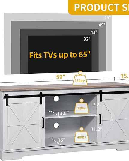 DWVO TV Cabinet for 65 Inch TV, Farmhouse TV Stand with Storage Cabinets and Sliding Barn Doors, Mid Century Modern Entertainment Center Media TV Console for Living Room, Grey White/Grey Wash - LeafyLoom