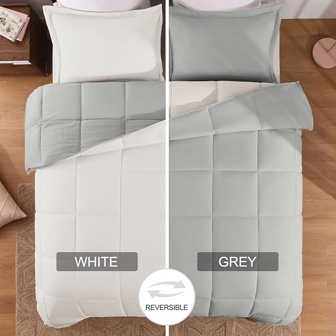 Basic Beyond King Size Comforter Set - Fluffy King Bed Comforter Set for All Seasons - Reversible White King Comforter Set - 3 Pieces (1 Comforter + 2 Pillow Shams) - White/Grey - LeafyLoom