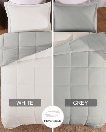 Basic Beyond Queen Comforter Set - Fluffy Comforter Queen Set for All Seasons - Reversible White Queen Comforter Set for Mens - 3 Pieces (1 Comforter + 2 Pillow Shams) - White/Grey - LeafyLoom