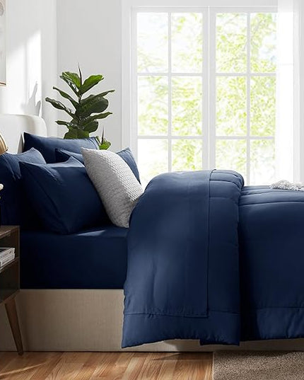 CozyLux Full Size Comforter Sets - 7 Pieces Bed in a Bag Set Navy Blue, Bedding Sets Full with All Season Quilted Comforter, Flat Sheet, Fitted Sheet, Pillowcases, Navy Blue, Full - LeafyLoom