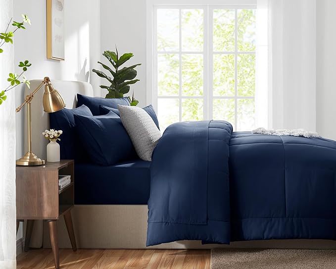 CozyLux Full Size Comforter Sets - 7 Pieces Bed in a Bag Set Navy Blue, Bedding Sets Full with All Season Quilted Comforter, Flat Sheet, Fitted Sheet, Pillowcases, Navy Blue, Full - LeafyLoom