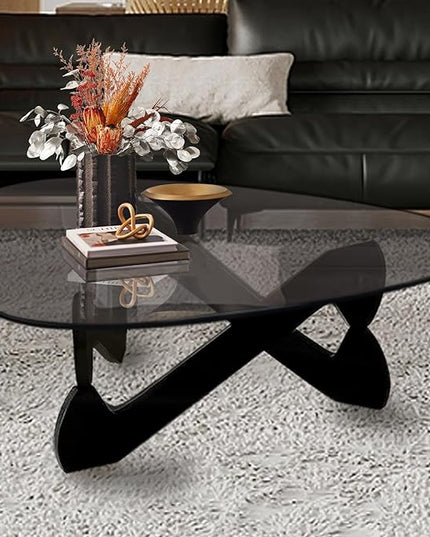 Triangle Coffee Table Glass Coffee Table for Living Room Clear Glass Coffee Table with Solid Wood Base Mid Century Modern Coffee Table for Small Spaces (Black-Gray, 35.8in) - LeafyLoom