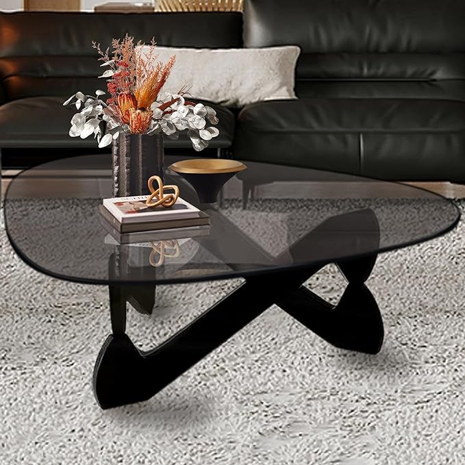 Triangle Coffee Table Glass Coffee Table for Living Room Clear Glass Coffee Table with Solid Wood Base Mid Century Modern Coffee Table for Small Spaces (Black-Gray, 35.8in) - LeafyLoom