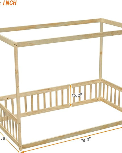 Twin Size Canopy Bed Frame with Guardrails for Kids,Floor Bed Twin with Four Poster Design,Kids Montessori Floor Bed,Wood Canopy Bed Frame for Girls,Boys(Twin,Natural) - LeafyLoom