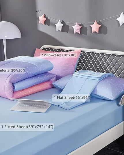 Rainbow Comforter Set for Teen Girls Women,Full/Queen Size 5 Piece Bed in A Bag,Metallic Printed Glitter Comforter and Sheets,Ultra Soft Microfiber All Season Bedding Set(Full/Queen,Blue) - LeafyLoom