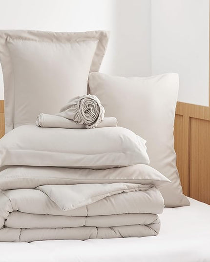 Bedsure Beige Twin XL Comforter Set - 5 Pieces Solid Twin XL Bed in a Bag for College, Twin XL Bed Set Beige with Comforters, Sheets, Pillowcase & Sham, Extra Long Twin Comforter Set - LeafyLoom