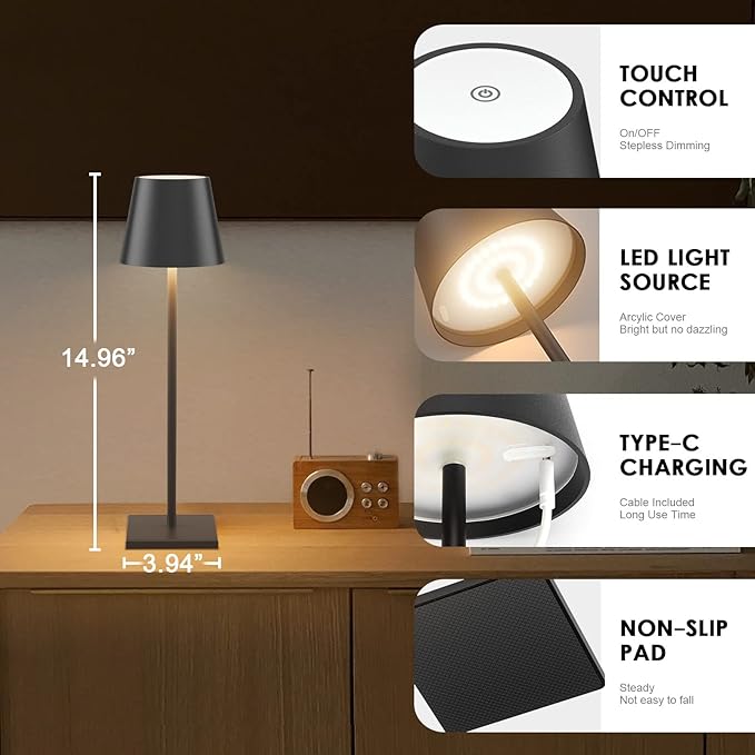 4-Pack LED Cordless Table Lamp, Rechargeable Battery Desk lamp 3W 6000mAh Battery Operated Stepless Dimming Modern Portable Table Light for Restaurant/Dinner/Bedroom/Outdoor IP54 Waterproof (Black) - LeafyLoom