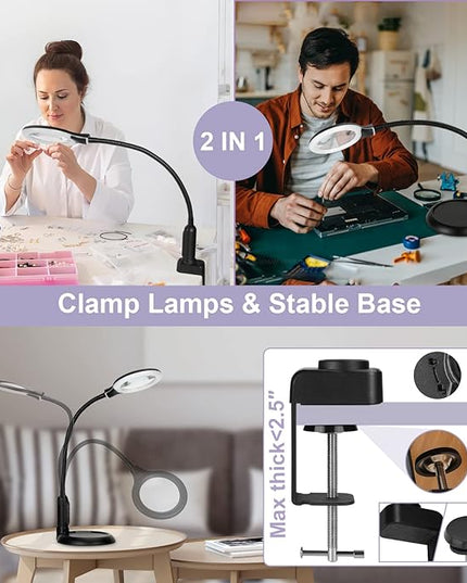2-in-1 10X Magnifying Glass with Light and Stand, 5 Color Modes Stepless Dimmable LED Magnifying Clamp Lamp, Desk Lighted Magnifier Hands Free for Craft Close Work Sewing Painting Hobby, Black - LeafyLoom