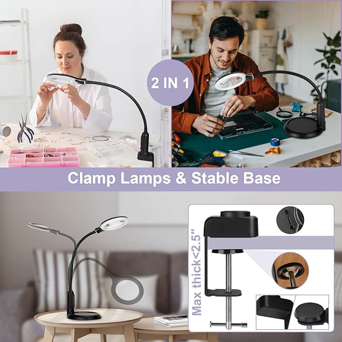 2-in-1 10X Magnifying Glass with Light and Stand, 5 Color Modes Stepless Dimmable LED Magnifying Clamp Lamp, Desk Lighted Magnifier Hands Free for Craft Close Work Sewing Painting Hobby, Black - LeafyLoom