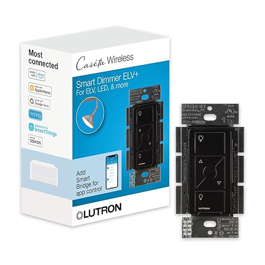 Lutron Caseta Original Smart Dimmer Switch ELV+ (Lutron Hub Required), 250W LED, Single-Pole/3-Way, Neutral Required, PD-5NE-BL, Black Lutron
