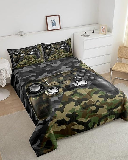 Feelyou Kids Gamer Comforter Set Camouflage Gaming Bedding Set for Boys Teens Bedroom Green Black Camo Video Game Decor Comforter Gamer Console Quilt Set Queen Size Duvet Quilted 3Pcs - LeafyLoom