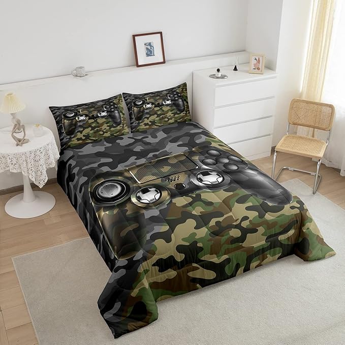 Feelyou Kids Gamer Comforter Set Camouflage Gaming Bedding Set for Boys Teens Bedroom Green Black Camo Video Game Decor Comforter Gamer Console Quilt Set Queen Size Duvet Quilted 3Pcs - LeafyLoom