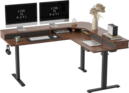 FEZIBO 63" L Shaped Standing Desk with 4 Drawers, Electric Standing Gaming Desk Adjustable Height, Corner Stand up Desk with Splice Board, Black Frame/Black Walnut Top - LeafyLoom