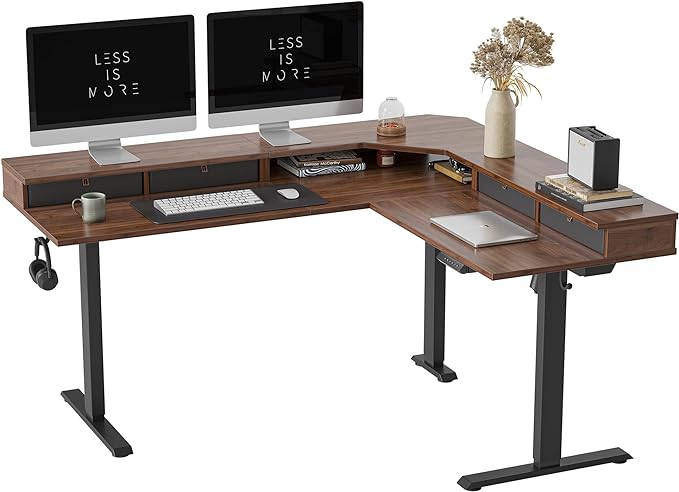 FEZIBO 63" L Shaped Standing Desk with 4 Drawers, Electric Standing Gaming Desk Adjustable Height, Corner Stand up Desk with Splice Board, Black Frame/Black Walnut Top - LeafyLoom