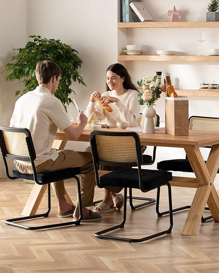 COLAMY Mid Century Modern Dining Chairs Set of 2, Velvet Rattan Dining Room Kitchen Side Chairs with Upholstered Seat and Metal Chrome Legs for Home, Living Room, Bedroom - Black - LeafyLoom