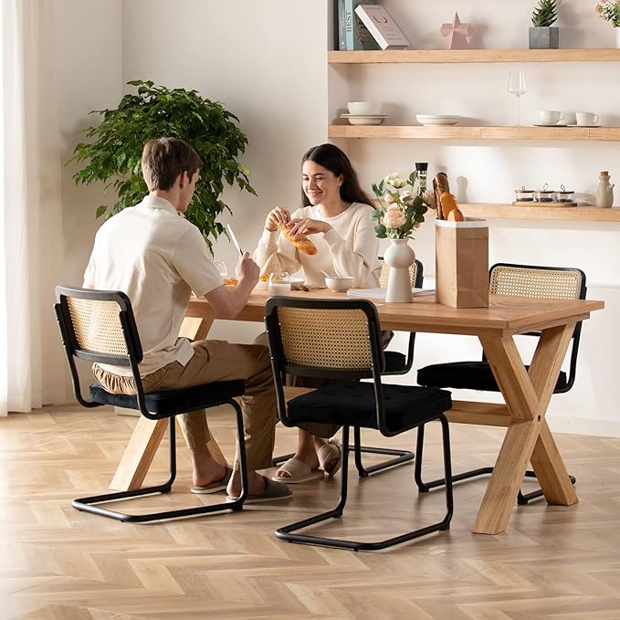COLAMY Mid Century Modern Dining Chairs Set of 2, Velvet Rattan Dining Room Kitchen Side Chairs with Upholstered Seat and Metal Chrome Legs for Home, Living Room, Bedroom - Black - LeafyLoom