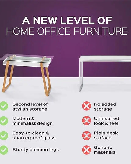 bonVIVO Massimo Small Desk - 47 Inch, Modern Computer Desk for Small Spaces, Living Room, Office and Bedroom - Study Table w/Glass Top and Shelf Space - Black - LeafyLoom