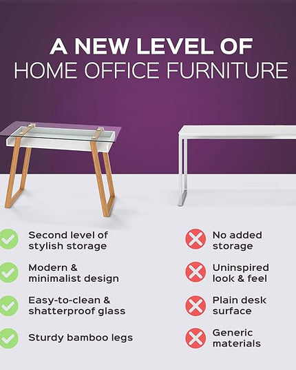bonVIVO Massimo Small Desk - 55 Inch, Modern Computer Desk for Small Spaces, Living Room, Office and Bedroom - Study Table w/Glass Top and Shelf Space - White - LeafyLoom