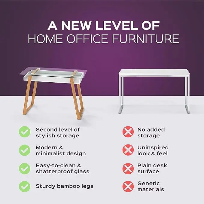 bonVIVO Massimo Small Desk - 55 Inch, Modern Computer Desk for Small Spaces, Living Room, Office and Bedroom - Study Table w/Glass Top and Shelf Space - Black - LeafyLoom
