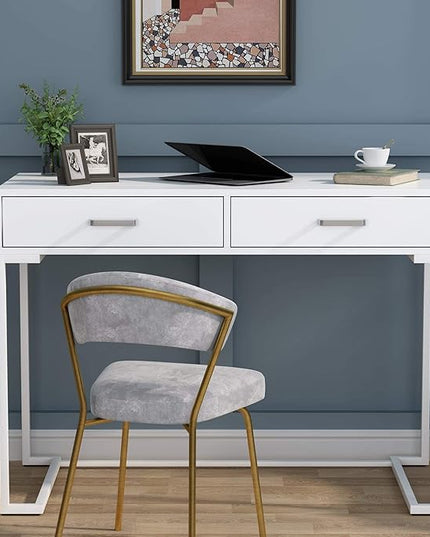 Tribesigns 40 Inch White Computer Desk, White Writing Desk with 2 Drawers, Modern Simple Study Desk Makeup Vanity Table for Bedroom Small Spaces - LeafyLoom