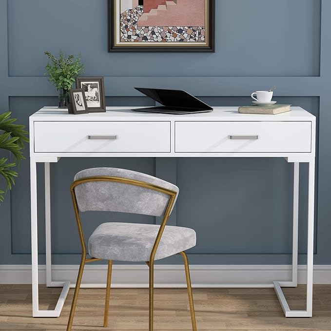 Tribesigns 40 Inch White Computer Desk, White Writing Desk with 2 Drawers, Modern Simple Study Desk Makeup Vanity Table for Bedroom Small Spaces - LeafyLoom