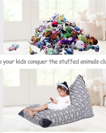 Jorbest Stuffed Animal Storage Bean Bag Chair for Kids and Adults, Stuffed Animal Bean Bag, Premium Canvas Stuffie Seat - COVER ONLY (Grey with White Arrows 200L/52 Gal) - LeafyLoom