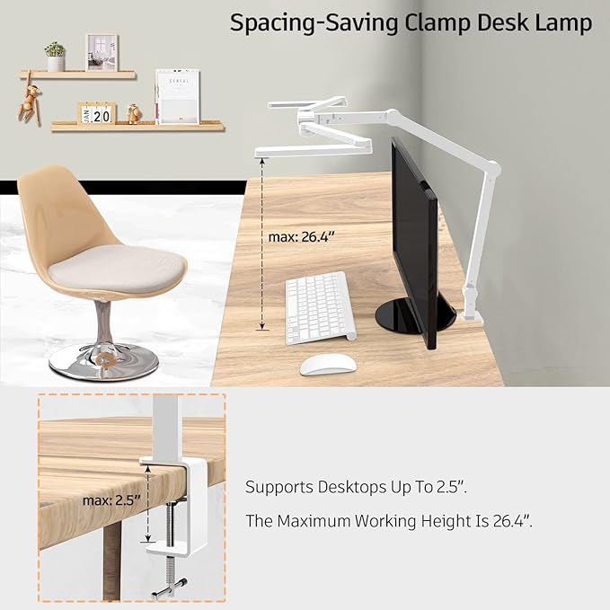 LED Desk Lamp for Home Office, 41.5" White Clip on Architect Desk Lamp with Clamp, 24W Adjustable Bright Swing Arm LED Desk Light Clamp on Office Lamp Dimmable Eye Care Table Light - LeafyLoom