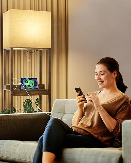 Dott Arts Floor Lamp with Shelves, wide Shelf Lamp with Wireless Charger & USB A+C Ports & 2 AC Outlets,3 Color Temperature Corner Tall Standing Floor Lamps for Living Room, Bedroom, Office (Brown) - LeafyLoom