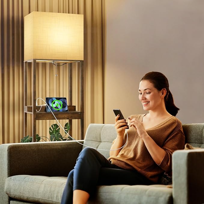 Dott Arts Floor Lamp with Shelves, wide Shelf Lamp with Wireless Charger & USB A+C Ports & 2 AC Outlets,3 Color Temperature Corner Tall Standing Floor Lamps for Living Room, Bedroom, Office (Brown) - LeafyLoom