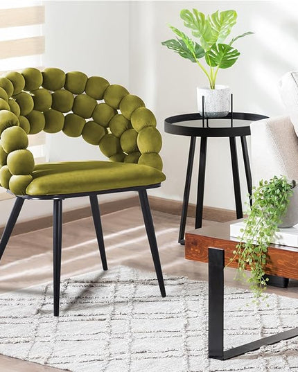 Sage Green Woven Velvet Barrel Accent Chairs with Black Metal Legs, Upholstered Side Chair for Dining Room Vanity Living Room - LeafyLoom