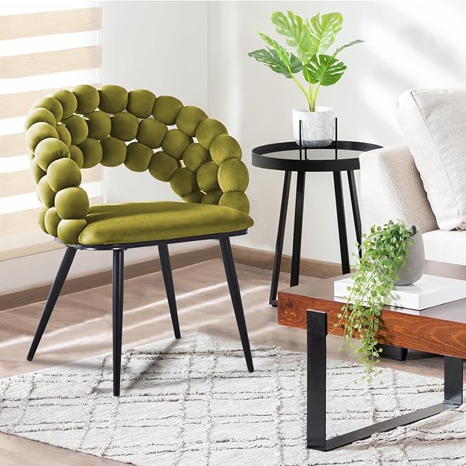 Sage Green Woven Velvet Barrel Accent Chairs with Black Metal Legs, Upholstered Side Chair for Dining Room Vanity Living Room - LeafyLoom
