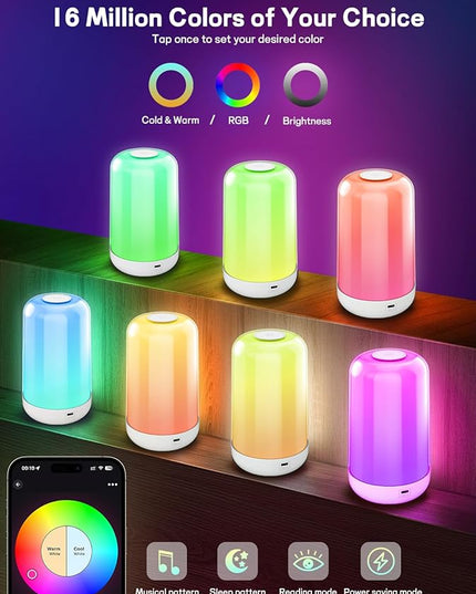 Smart Touch Bedside Table Lamp [Multi-Color & Warm Lights], 3600mA Cordless Small Table Lamp Rechargeable, 7 Colors & Fully Dimmable LED Night Lights for Bedroom Nightstand Nursery Living Room - LeafyLoom