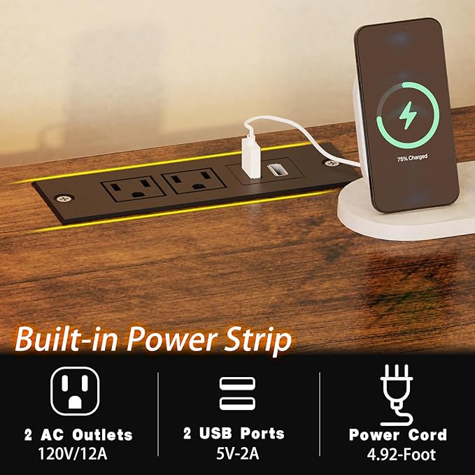 Computer Desk with Drawer and Power Outlets, 47" Office Desk with Monitor Stand and Led Lights, Work Desk for Home Office,Sturdy Writing Desk with Shelves and 2 Headphone Hooks,Rustic Brown - LeafyLoom