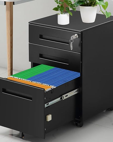 3-Drawer Mobile File Cabinets Rolling Metal Filing Cabinet for Legal & Letter File Anti-tilt Design with Lock Under Desk Office Drawers Fully Assembled Except Casters Black(Style 3) - LeafyLoom