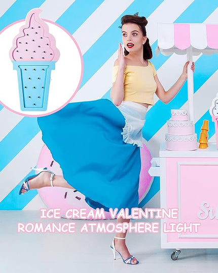 2 Pcs Ice Cream Valentine Romance Atmosphere Light Wooden Ice Cream LED Night Light Ice Cream Theme Valentine Romance Lamps Battery Operated LED Night Lights for Birthday Party Decor (Blue-Pink) - LeafyLoom