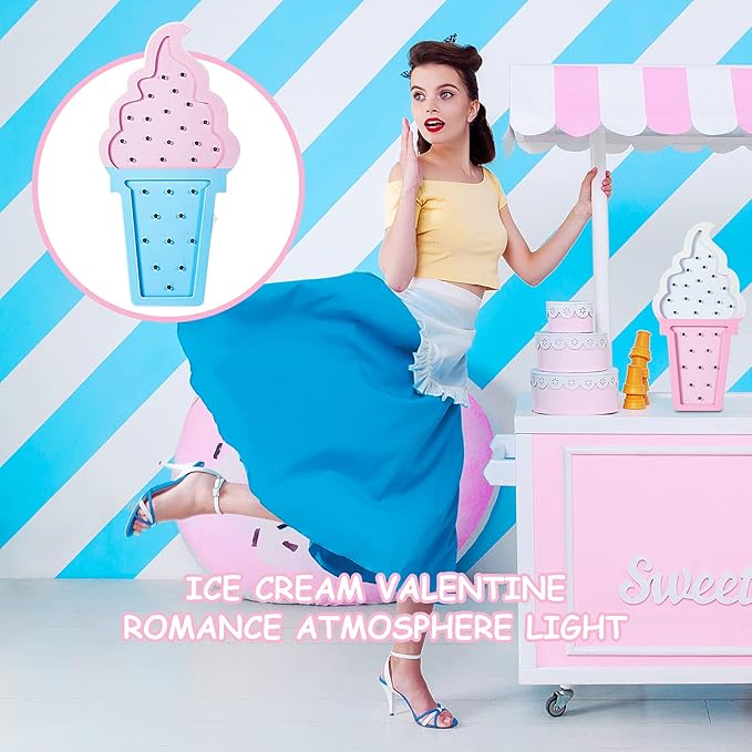 2 Pcs Ice Cream Valentine Romance Atmosphere Light Wooden Ice Cream LED Night Light Ice Cream Theme Valentine Romance Lamps Battery Operated LED Night Lights for Birthday Party Decor (Blue-Pink) - LeafyLoom
