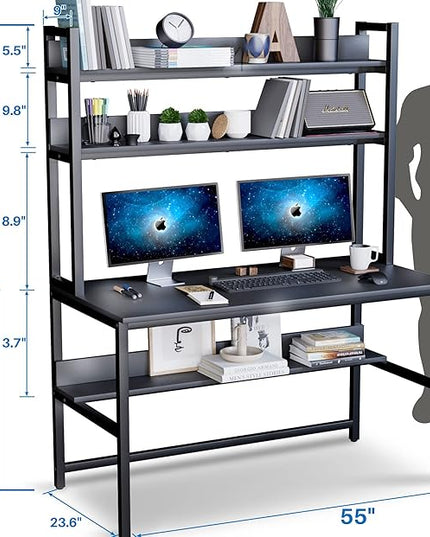 Aquzee Computer Desk with Hutch and Bookshelves, Large Leg Room 55 inch Width Black Desk with Space Saving Storage Shelves, Easy Assemble and All Hardware and Tools Included - LeafyLoom
