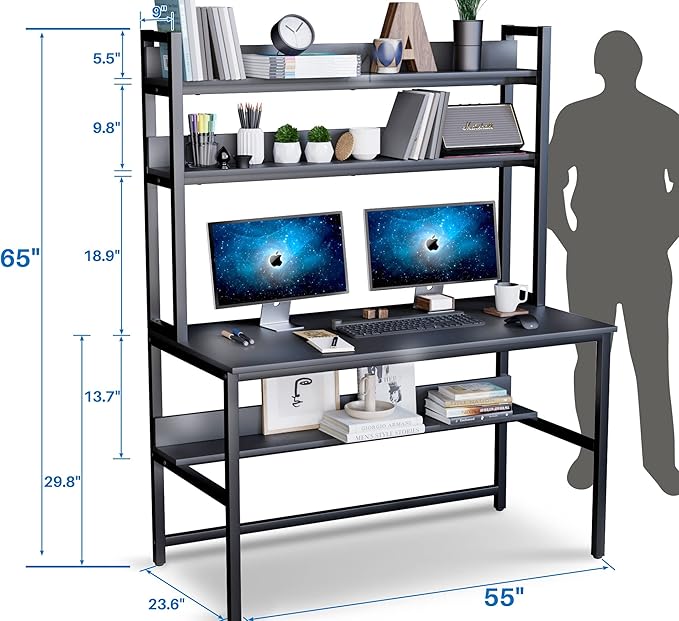 Aquzee Computer Desk with Hutch and Bookshelves, Large Leg Room 55 inch Width Black Desk with Space Saving Storage Shelves, Easy Assemble and All Hardware and Tools Included - LeafyLoom