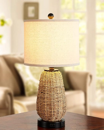 Touch Control Rattan Table Lamps, 3 Way Dimmable Bedside Lamps for Bedroom Set of 2 with 2 USB Ports and AC Outlet, Grass Rope Nightstand Lamps for Living Room Office (2 LED Bulbs Included) - LeafyLoom